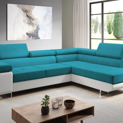 Rozkládací rohová sedačka PARASKA L - bílá / světle modrá, pravý roh