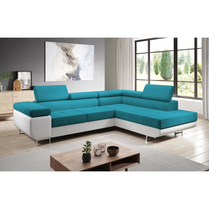 Rozkládací rohová sedačka PARASKA L - bílá / světle modrá, pravý roh