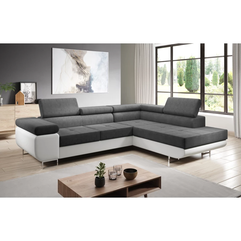 Rozkládací rohová sedačka PARASKA L - bílá / tmavě šedá, pravý roh