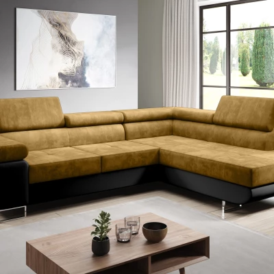 Rozkládací rohová sedačka PARASKA L - černá / hořčicová, pravý roh