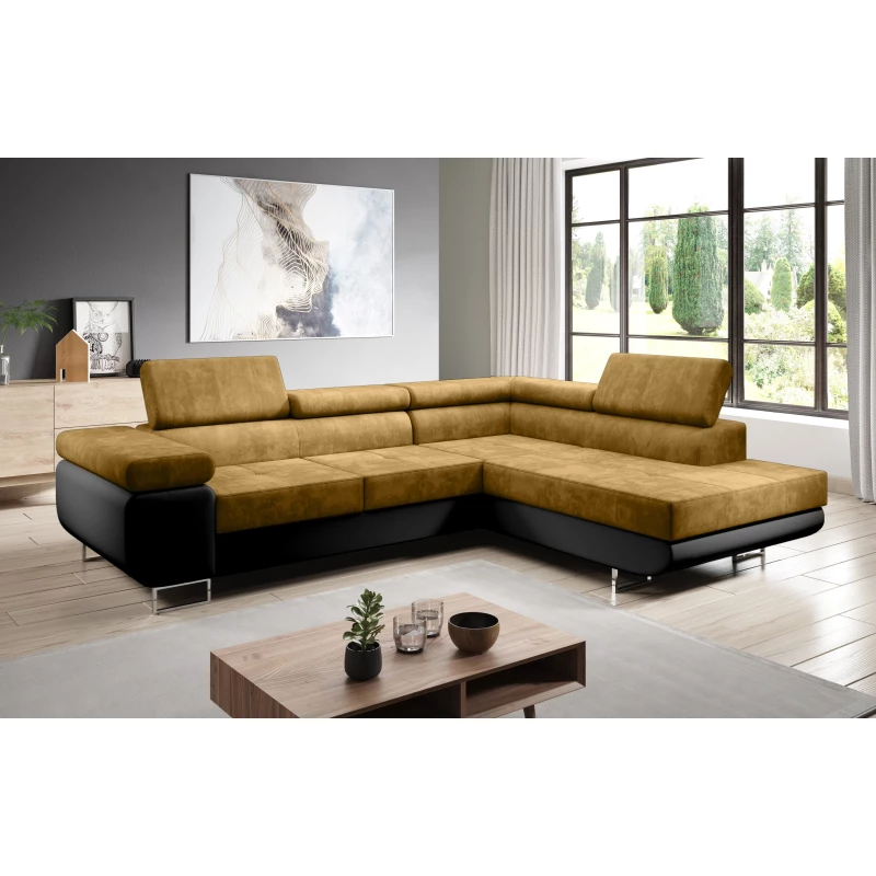 Rozkládací rohová sedačka PARASKA L - černá / hořčicová, pravý roh