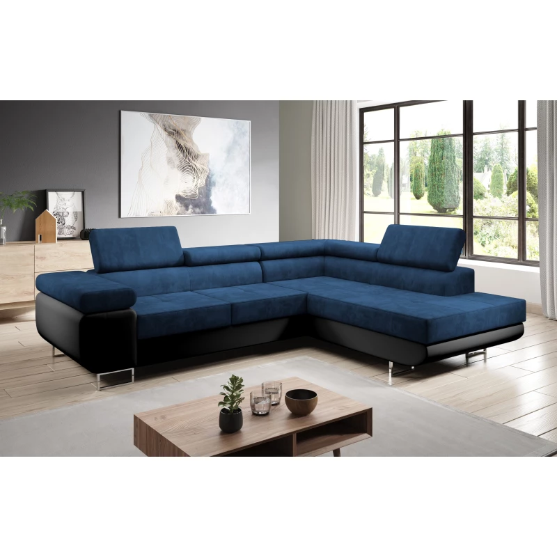 Rozkládací rohová sedačka PARASKA L - černá / modrá, pravý roh