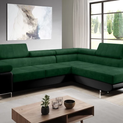 Rozkládací rohová sedačka PARASKA L - černá / láhvově zelená, pravý roh