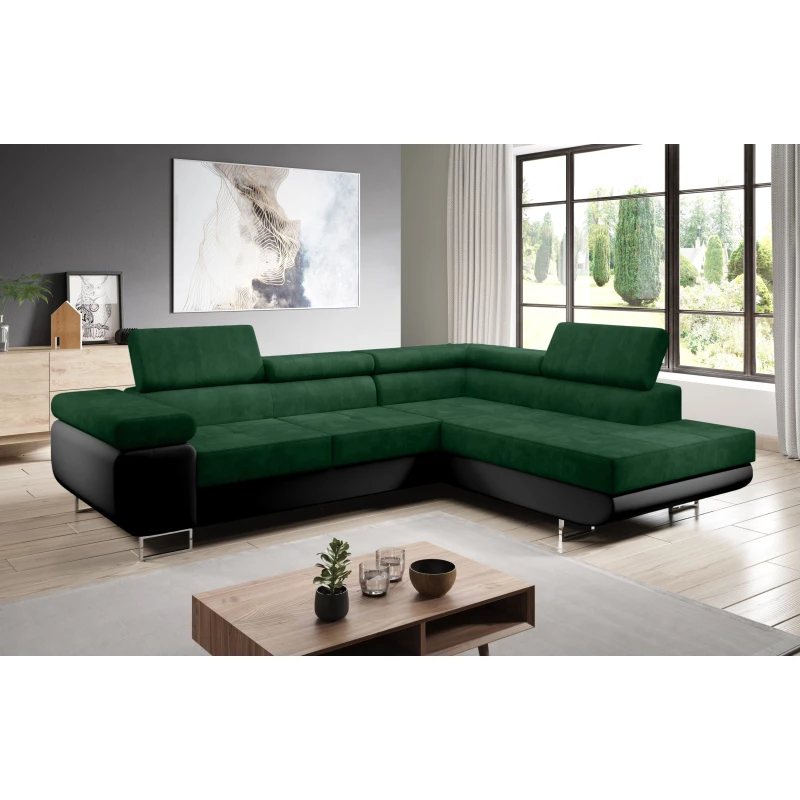 Rozkládací rohová sedačka PARASKA L - černá / láhvově zelená, pravý roh