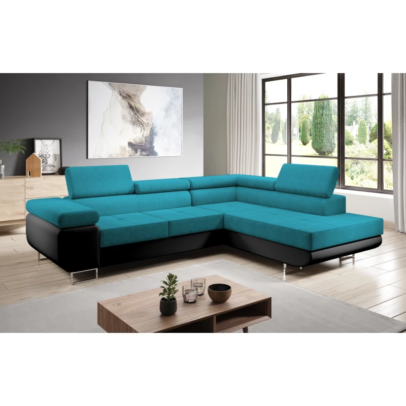 Rozkládací rohová sedačka PARASKA L - černá / světle modrá, pravý roh