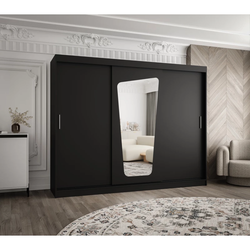 Šatní skříň 250 cm ZAMIRA se zrcadlem - černá