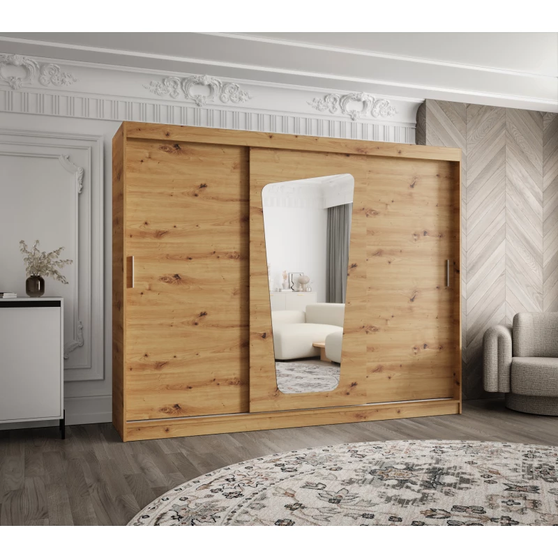 Šatní skříň 250 cm ZAMIRA se zrcadlem - dub artisan