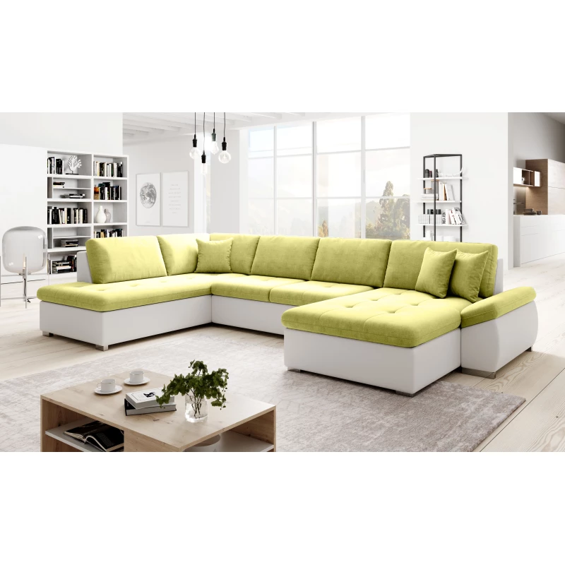 Rozkládací sedací souprava do U ODETTE - bílá / žlutozelená