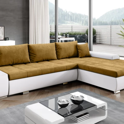 Rohová rozkládací sedačka CARLINA - bílá / hořčicová