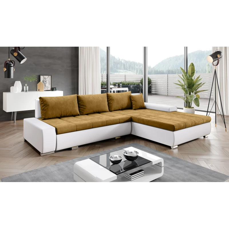 Rohová rozkládací sedačka CARLINA - bílá / hořčicová