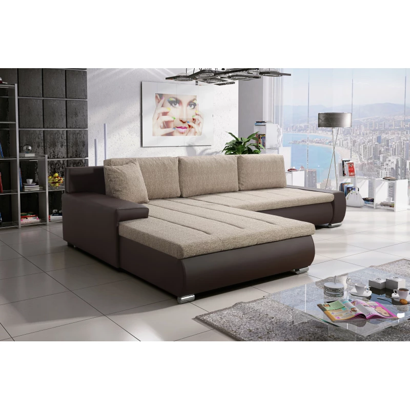 Rohová rozkládací sedačka CARLINA - tmavě hnědá / béžová