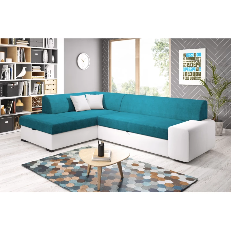 Rohová sedací souprava VALTRUDA - bílá / světle modrá, levý roh