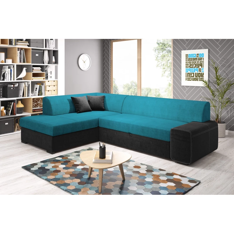 Rohová sedací souprava VALTRUDA - černá 2 / světle modrá, levý roh