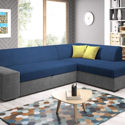 Rohová sedací souprava VALTRUDA - modrá / tmavě šedá / žlutá, pravý roh