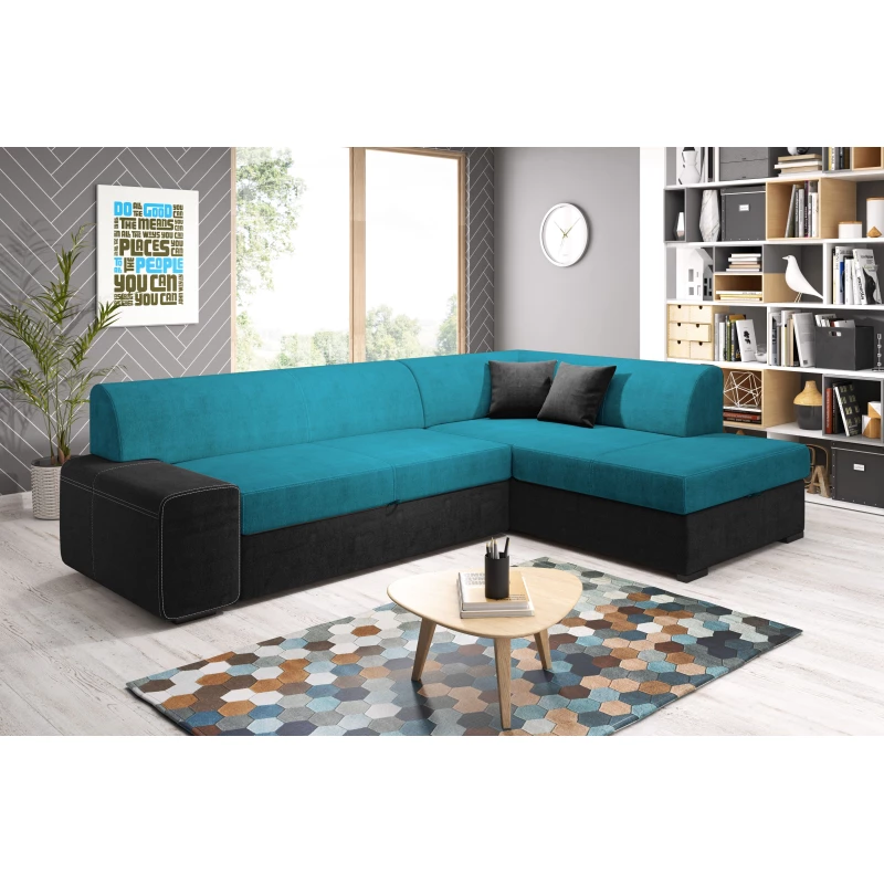 Rohová sedací souprava VALTRUDA - černá 2 / světle modrá, pravý roh