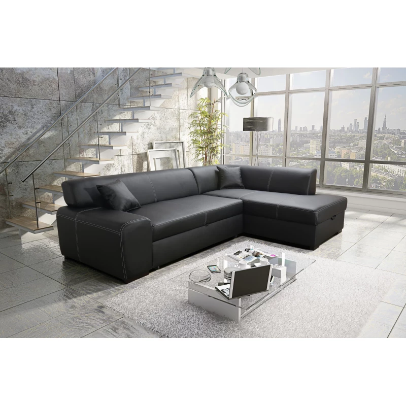 Rohová sedací souprava VALTRUDA - černá eko kůže, pravý roh