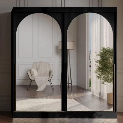 Šatní skříň se zrcadlem 200 cm IVAFE - černá / zlatá