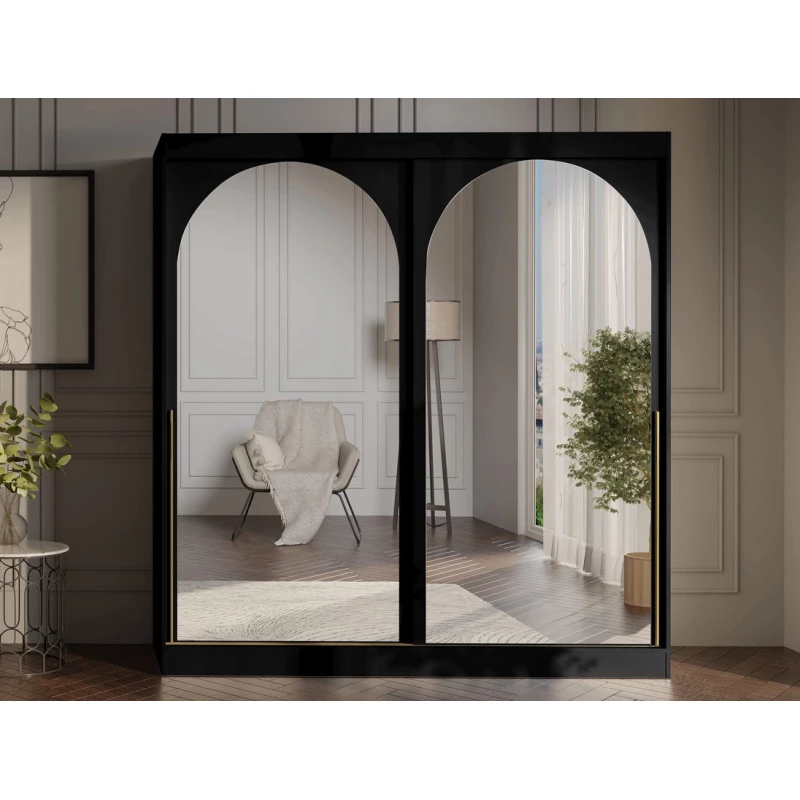 Šatní skříň se zrcadlem 200 cm IVAFE - černá / zlatá