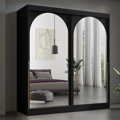 Šatní skříň se zrcadlem 200 cm IVAFE - černá / zlatá