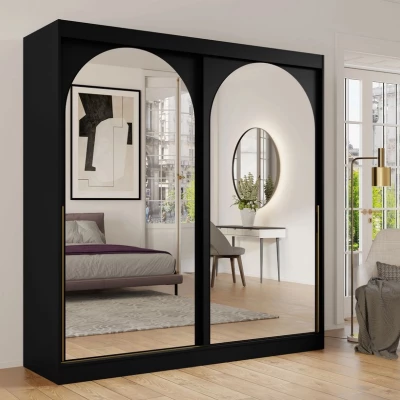 Šatní skříň se zrcadlem 200 cm IVAFE - černá / zlatá