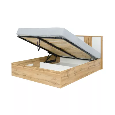 Manželská postel s úložným prostorem 180x200 GARZON - dub wotan / alpská bílá + LED osvětlení ZDARMA