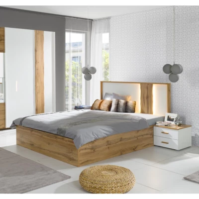 Manželská postel s úložným prostorem 180x200 GARZON - dub wotan / alpská bílá + LED osvětlení ZDARMA