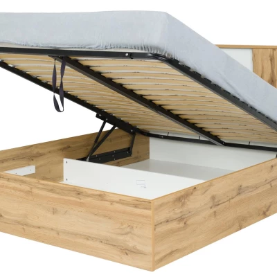 Manželská postel s úložným prostorem 160x200 GARZON - dub wotan / alpská bílá + LED osvětlení ZDARMA