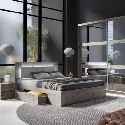 Manželská postel se šuplíky 180x200 RIONERO - dub wellington + LED osvětlení ZDARMA