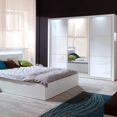 Manželská postel 160x200 CAJICA - alpská bílá / lesklá bílá + LED osvětlení ZDARMA