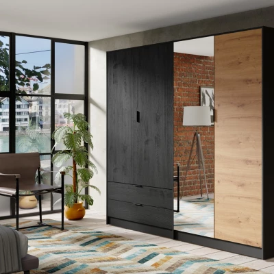 Šatní skříň se zrcadlem 221 cm CIENAGA - dub artisan / černá grafitová