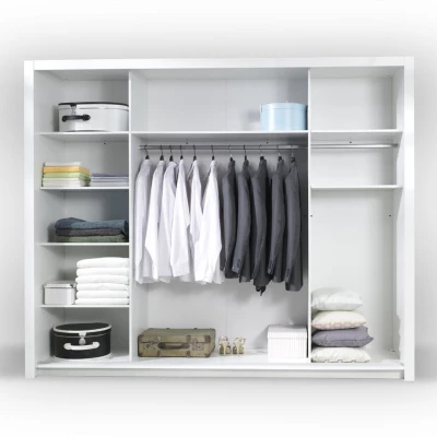 Velká zrcadlová šatní skříň 258 cm PAMPLONA - alpská bílá / lesklá bílá + LED osvětlení ZDARMA