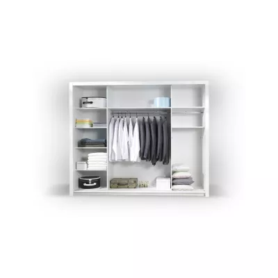 Velká zrcadlová šatní skříň 258 cm PAMPLONA - alpská bílá / lesklá bílá + LED osvětlení ZDARMA