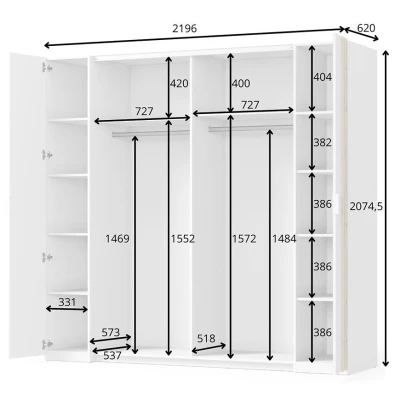 Velká zrcadlová šatní skříň 220 cm TURBO - dub artisan / bílá