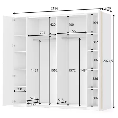 Velká zrcadlová šatní skříň 220 cm TURBO - dub artisan / bílá
