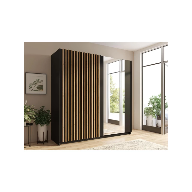 Velká šatní skříň 201 cm se zrcadlem SINCEJELO - dub artisan / černá