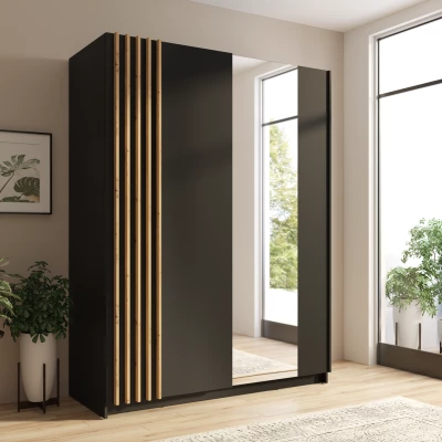 Široká šatní skříň se zrcadlem 203 cm YUMBO - dub artisan / černá