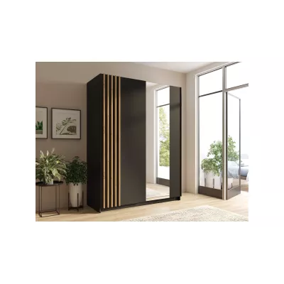 Široká šatní skříň se zrcadlem 203 cm YUMBO - dub artisan / černá