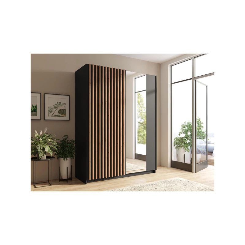 Šatní skříň se zrcadlem 150 cm BUGA - dub artisan / černá