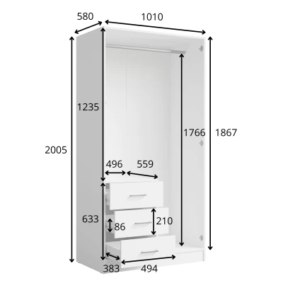 Úzká šatní skříň se zrcadlem 101 cm SIBATE - bílá