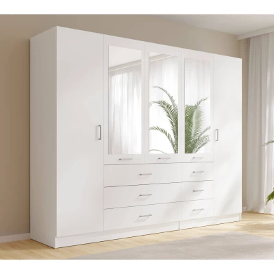 Velká šatní skříň se zrcadlem 250 cm SIBATE - bílá