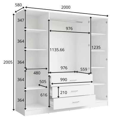 Široká šatní skříň se zrcadlem 200 cm SIBATE - bílá