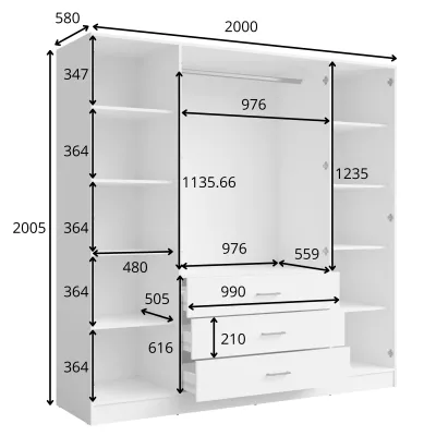 Široká šatní skříň se zrcadlem 200 cm SIBATE - bílá