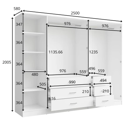 Velká šatní skříň se zrcadlem 250 cm SIBATE - bílá