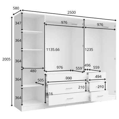 Velká šatní skříň se zrcadlem 250 cm SIBATE - bílá