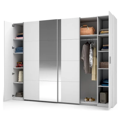 Zrcadlová šatní skříň 270 cm GIRADOT - bílá / stříbrné úchyty