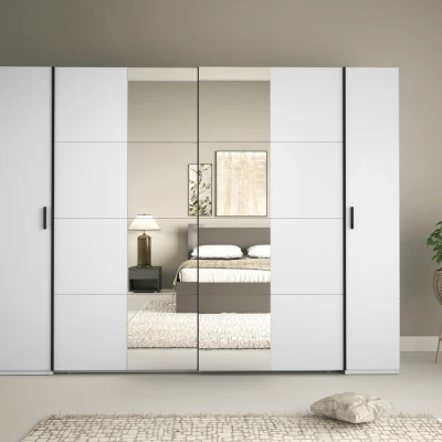 Zrcadlová šatní skříň 270 cm GIRADOT - bílá / černé úchyty