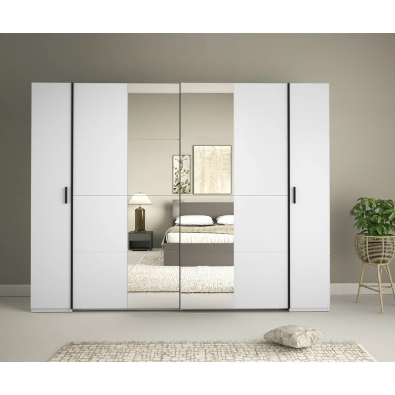 Zrcadlová šatní skříň 270 cm GIRADOT - bílá / černé úchyty