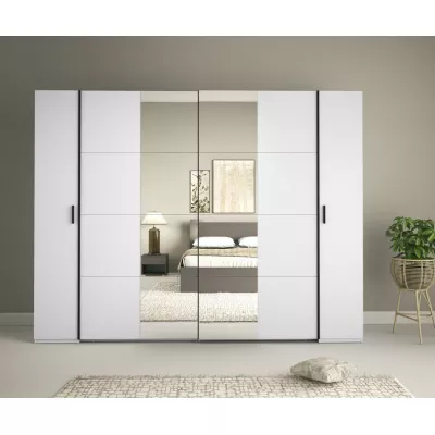 Zrcadlová šatní skříň 270 cm GIRADOT - bílá / černé úchyty