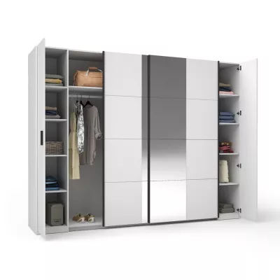 Zrcadlová šatní skříň 270 cm GIRADOT - bílá / černé úchyty