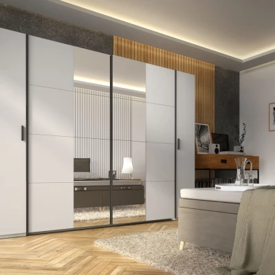 Zrcadlová šatní skříň 270 cm GIRADOT - bílá / černé úchyty